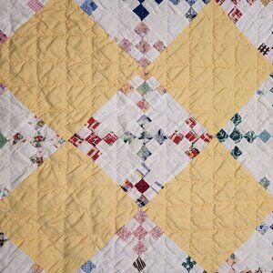 Vtg 9-Patch Patchwork Quilt Yellow & White Hand-Quilted Lightweight 74" x 88"